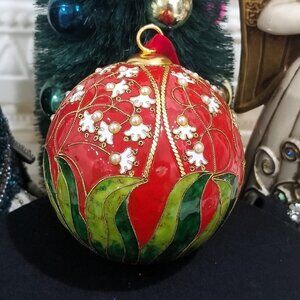 Vintage Cloisonné Enamel Floral Christmas Ornament Balls Leaves Pearls - Red & G